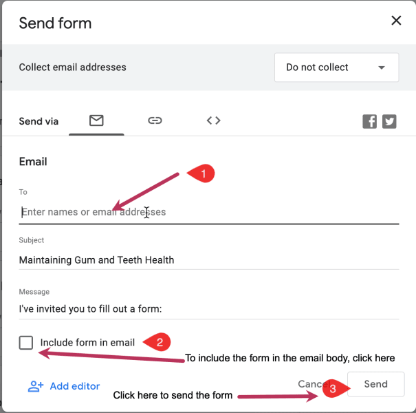Screenshot showing steps to add recipients to send a google form to