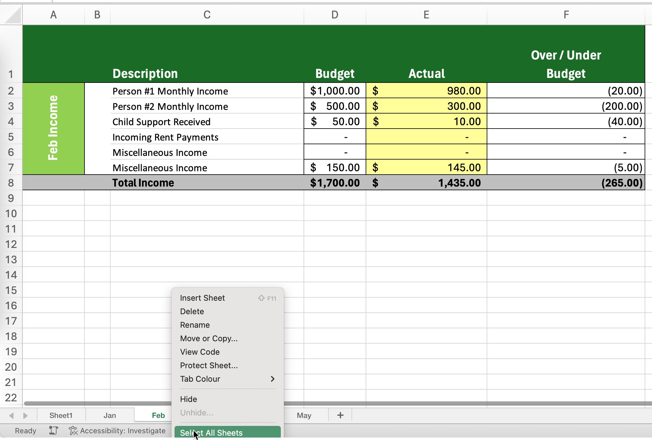 An Excel worksheet tab context menu