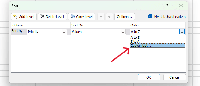 red arrow pointing to "Custom List" In the Sort dialog box