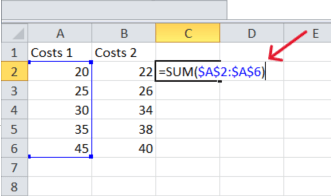 red arrow pointing to range in a sum formula when cells are fixed