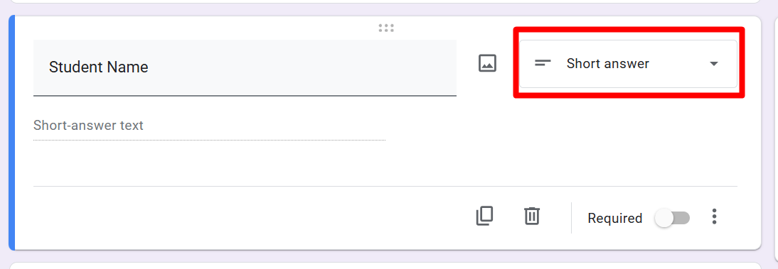 red rectangle highlights the question type when it is set as “Short Answer” red rectangle highlights the question type when it is set as “Short Answer”