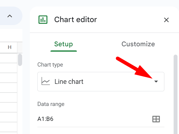 red arrow pointing to chart type dropdown arrow