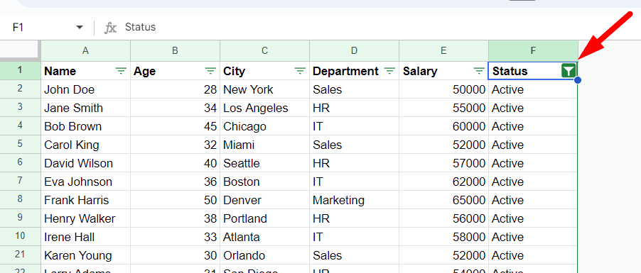red arrow pointing to filter icon in a cell in google sheet