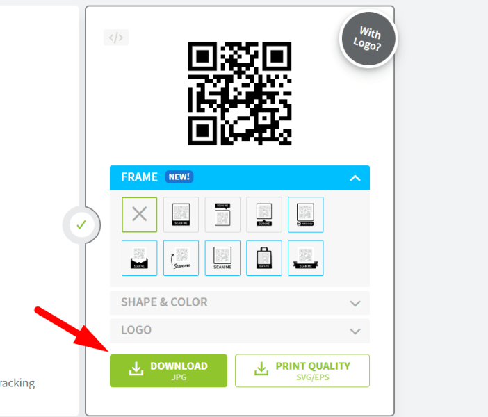 red arrow pointing to ‘Download’ option in QR code generator