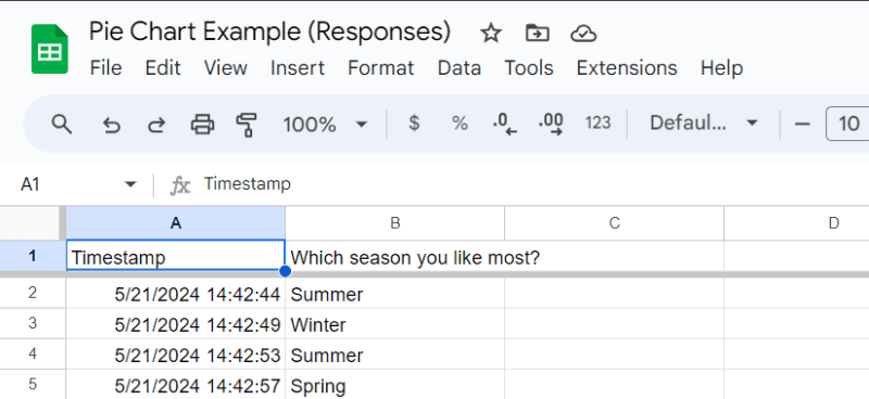 google sheet titled “Pie Chart Example (Responses)”