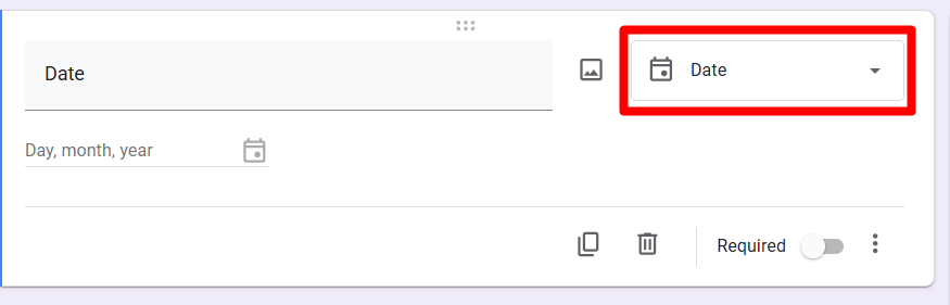 red rectangle highlights the question type when it is set as ‘Date’ red rectangle highlights the question type when it is set as ‘Date’