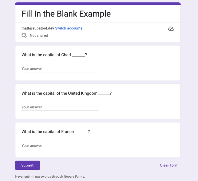 screenshot of a preview of a google form with multiple choice questions