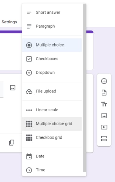 dropdown menu shows the types of question