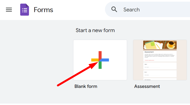 red arrow pointing to Blank Form icon
