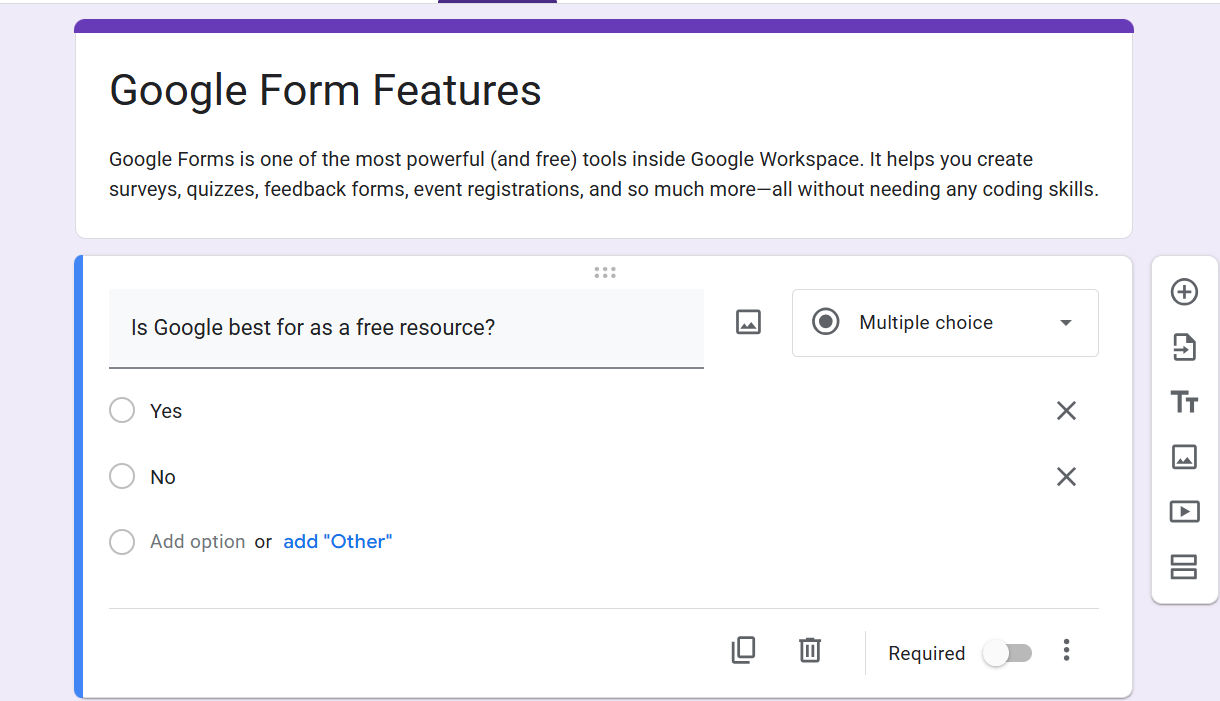 screenshot of Google Form where title, description and question are added
