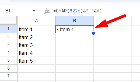 red arrow pointing to a cell where bullet point added before the value