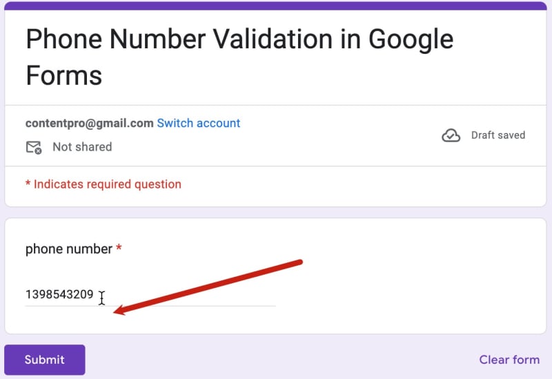 Screenshot showing no error message if a valid phone number is entered