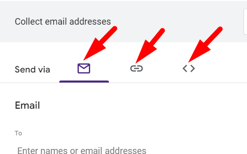 red arrow respectively pointing to email icon, link icon and embed in website icon