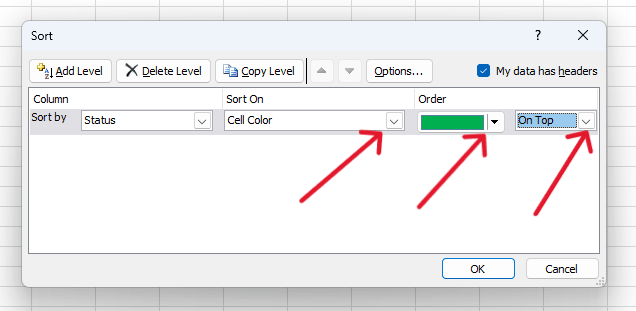 red arrow pointing to sorting criteria In the Sort dialog box