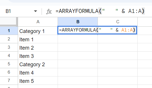 arrayformula in a cell for indent the data