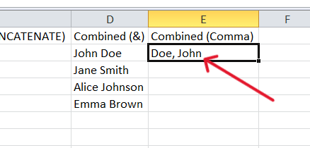 red arrow pointing to combined last and first name with comma