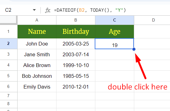 red arrow pointing to the fill handle at the bottom-right corner of the cell C2