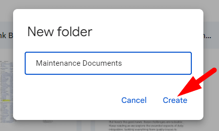 red arrow pointing to ‘Create’ in New folder pop-up