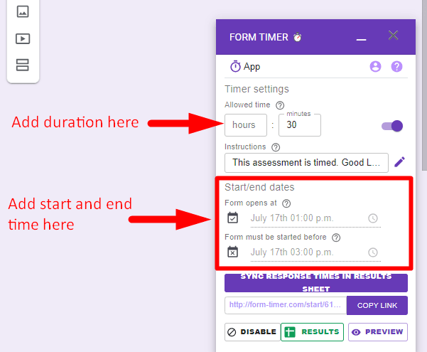 red arrow pointing to duration, start and end date