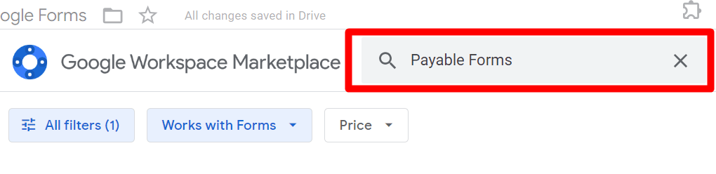 red rectangle highlights search bar in “Google Workspace Marketplace”