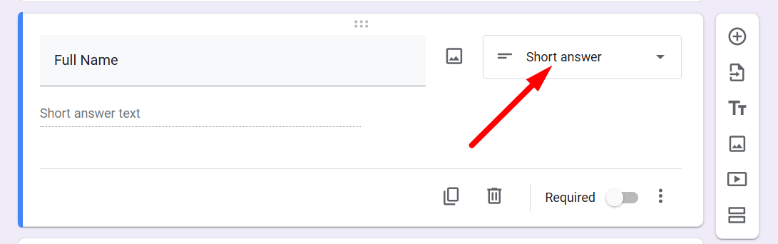 red arrow pointing to the Short Answer question types