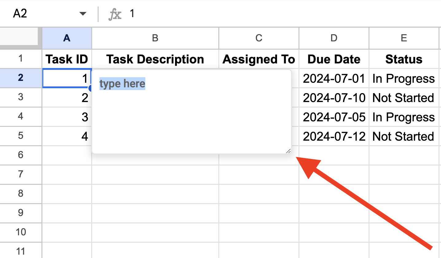 red arrow pointing to notes box