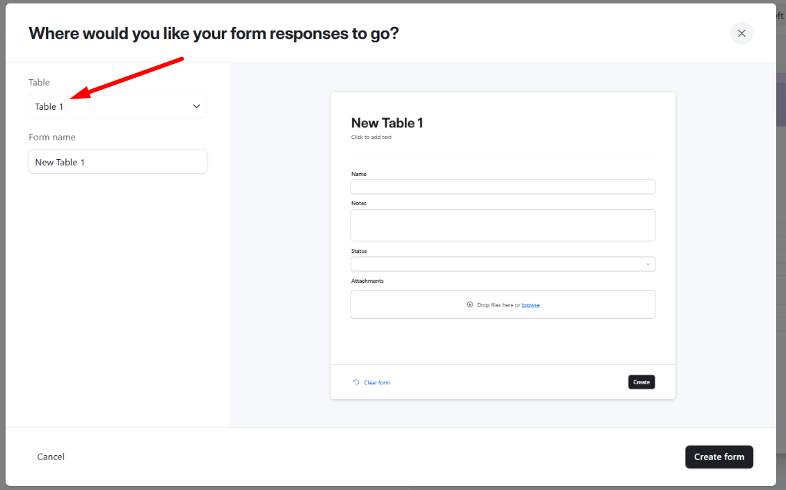 red arrow pointing to the table where the form will added