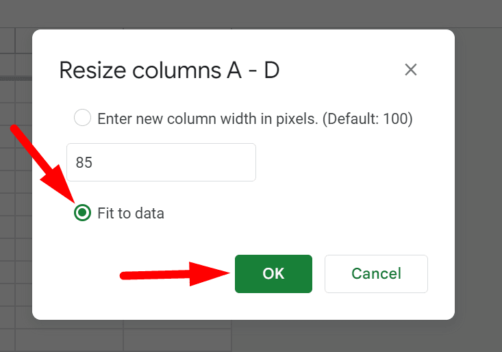 red arrow pointing to “Fit to data” when its selected and another red arrow pointing to ‘OK’ button