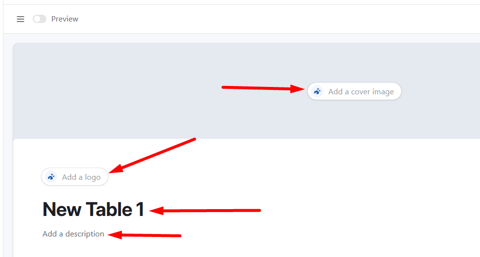 red arrows pointing to form cover image, form logo form title and form description in airtable canvas
