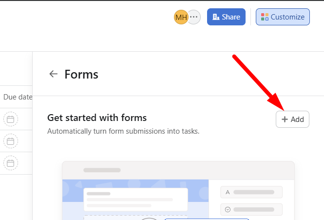 red arrow pointing to ‘Add’ button to open the form builder area
