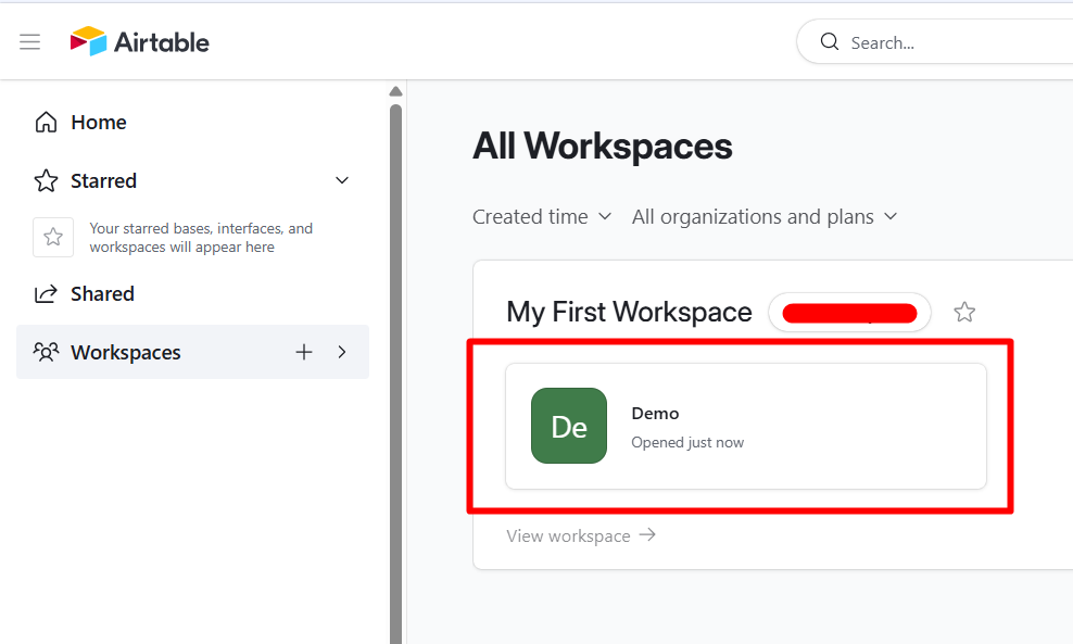 red rectangle highlights a workspace in Airtable