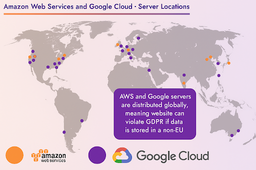 Map showing AWS and Google Cloud server locations around the world