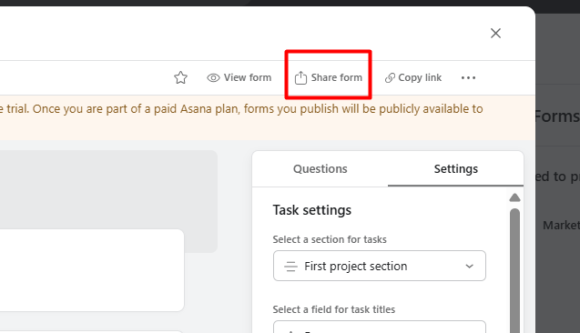 red arrow pointing to the “Share form” button in asana form