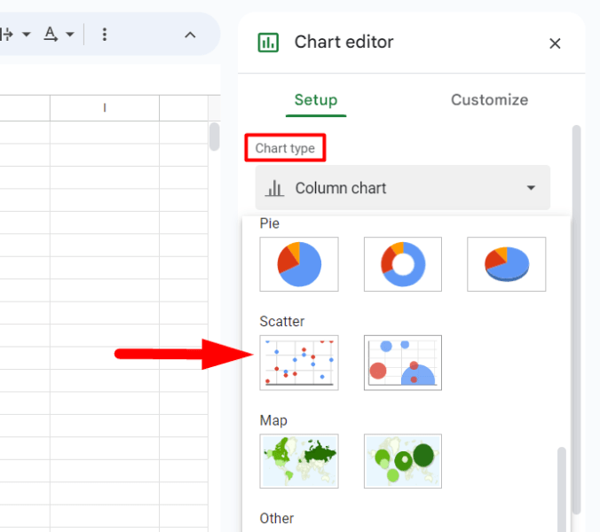 red arrow pointing to ‘Scatter’ chart