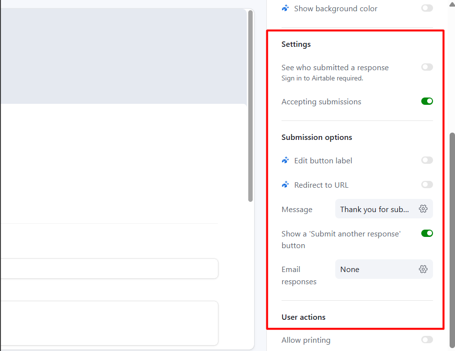 red rectangle highlights the properties panel in Airtable form