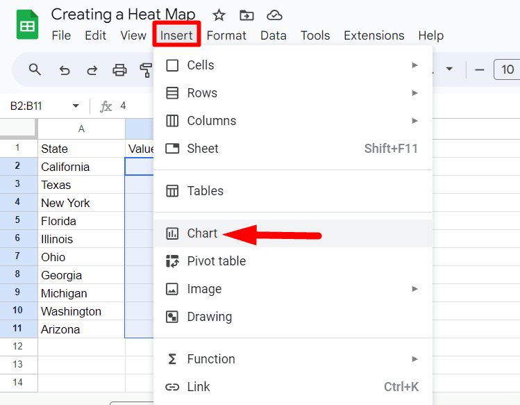 red rectangle highlights ‘Insert’ in upper menu and red arrow pointing to ‘Chart’ in the dropdown menu