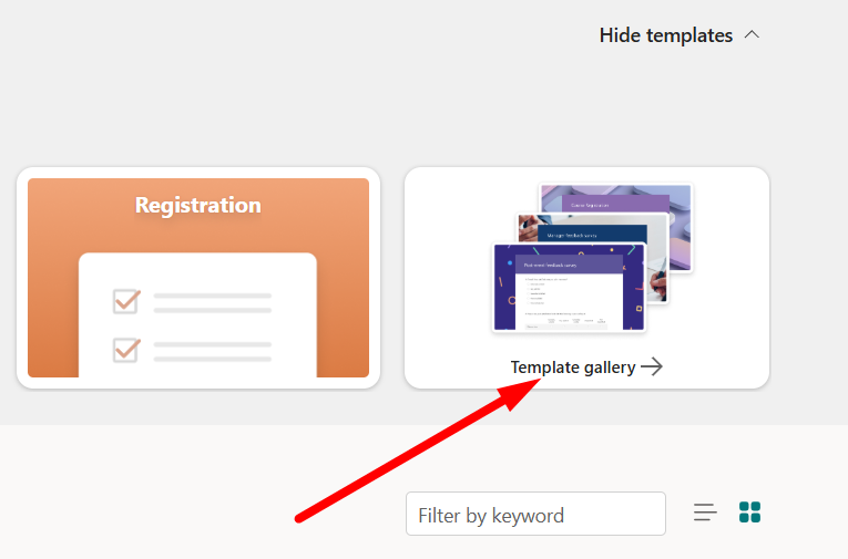 red arrow pointing to “Template Gallery” in Microsoft Forms Dashboard