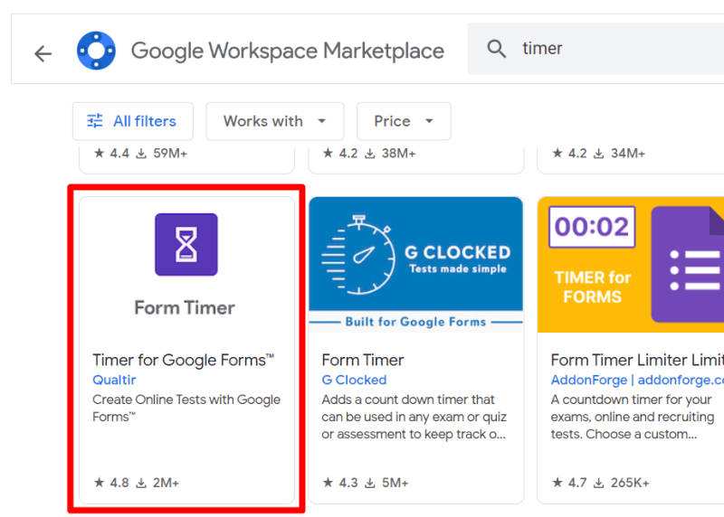 red rectangle highlights the “Form Timer” in Google Workspace Marketplace