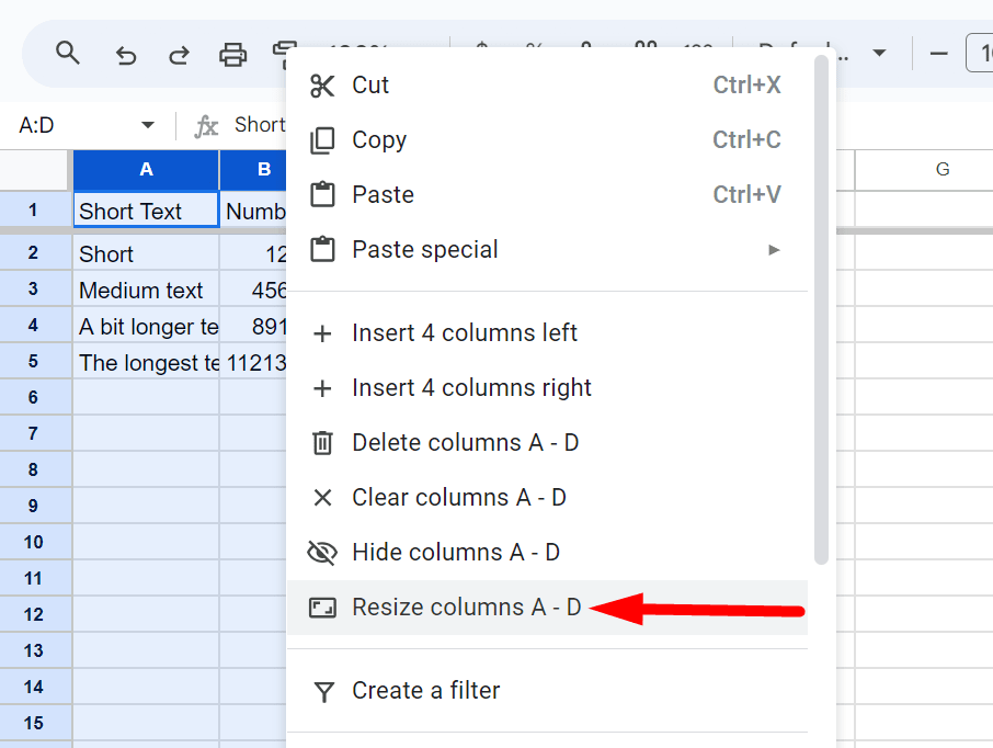 red arrow pointing to “Resize columns” in dropdown menu