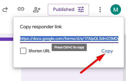 red arrow pointing to ‘Copy’ to copy the responder link 
