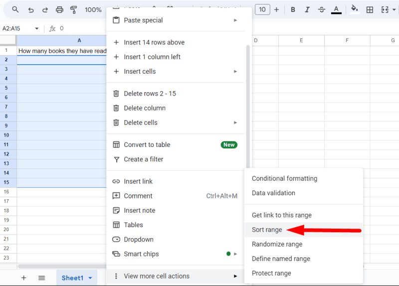 red arrow pointing to “Sort range”