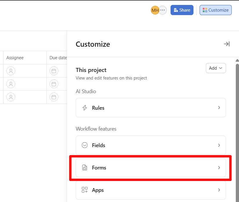 red rectangle highlights Forms