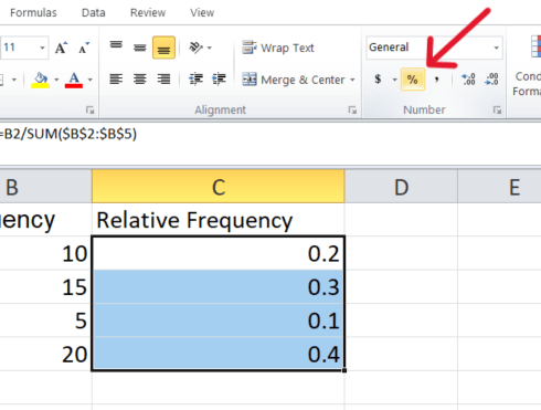 red arrow pointing to "Percent Style" button in the toolbar