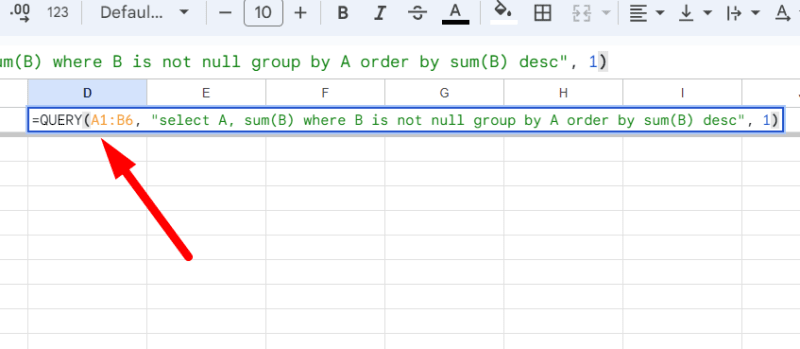 red arrow pointing to QUERY function