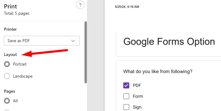 red arrow pointing to layout option in the print dialog