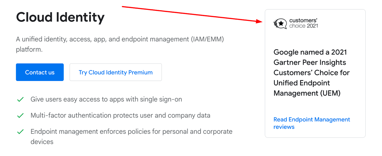 Screenshot of Google being named a 2021 Gartner Peer Insights Customers’ Choice for Unified Endpoint Management (UEM).