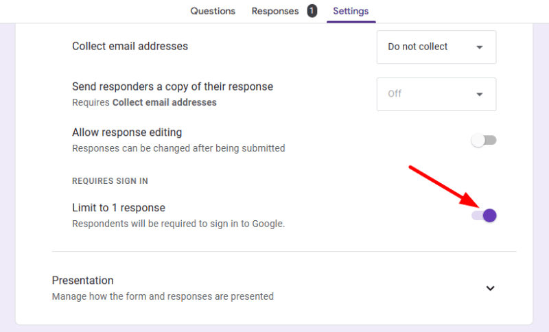 red arrow pointing to the toggle of “Limit to 1 response” in a google form