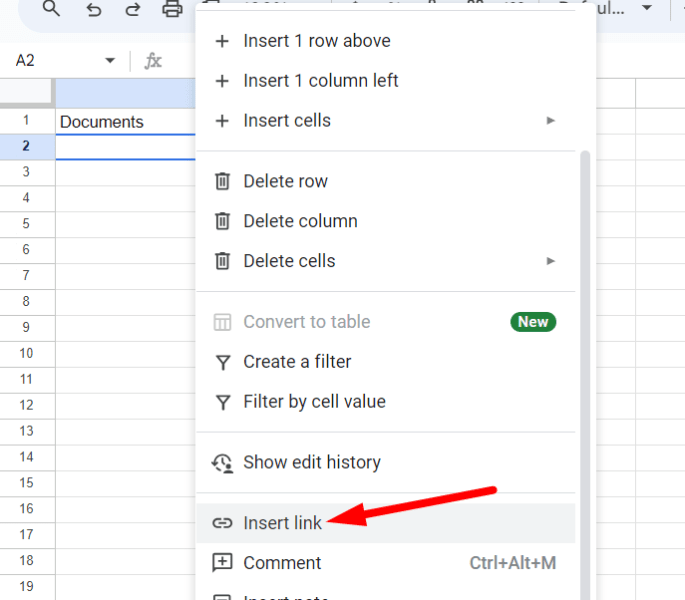 red arrow pointing to "Insert link" in context menu