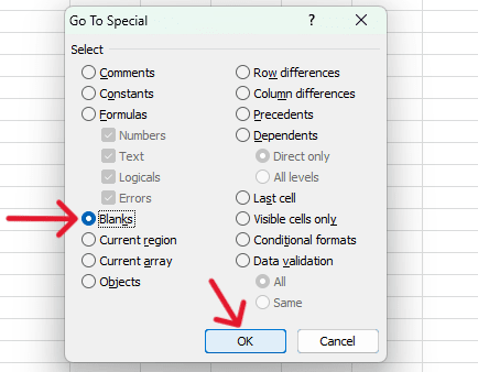red arrow pointing to ‘Blanks’ and ‘OK’ button
