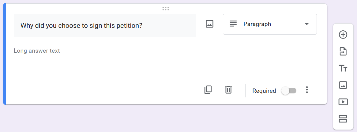 screenshot of an optional paragraph question on Google form